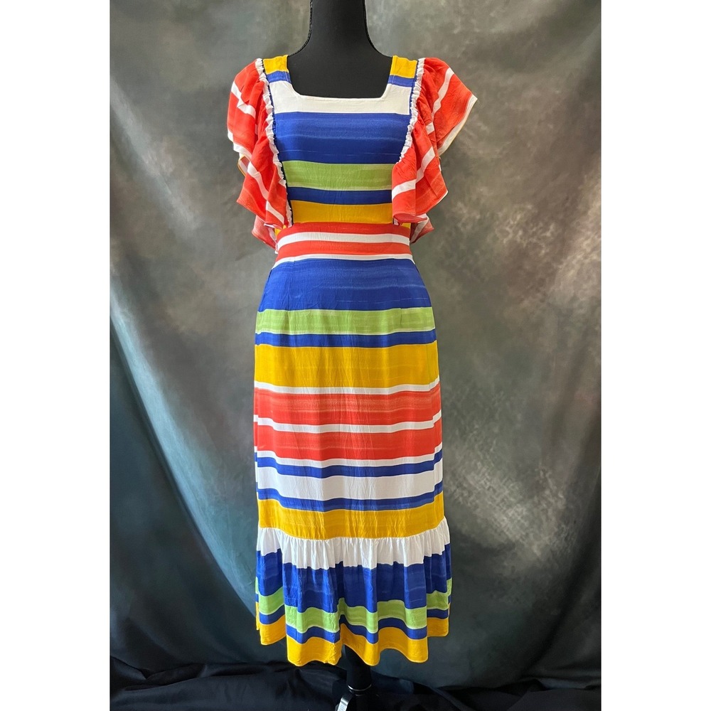 Versona Striped‎ Midi Dress Ruffle Sleeve Colorful Summer Casual Size Small